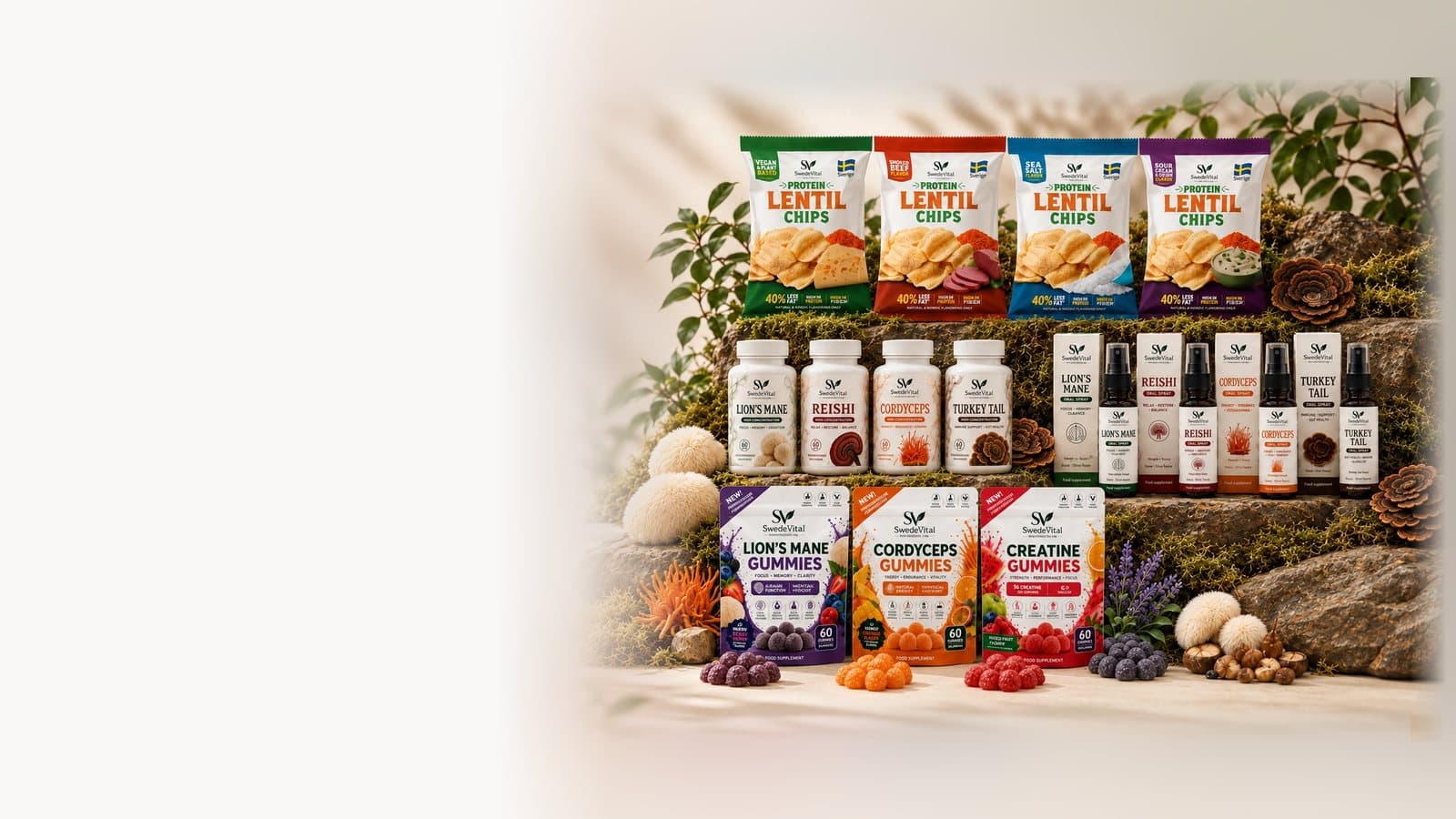 The complete SwedeVital range: protein lentil chips, functional mushroom capsules, sprays and gummies