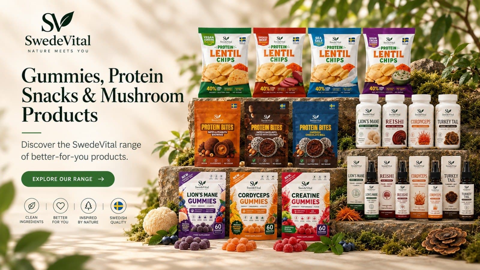 The SwedeVital range — protein lentil chips, protein bites, mushroom supplements, sprays and gummies